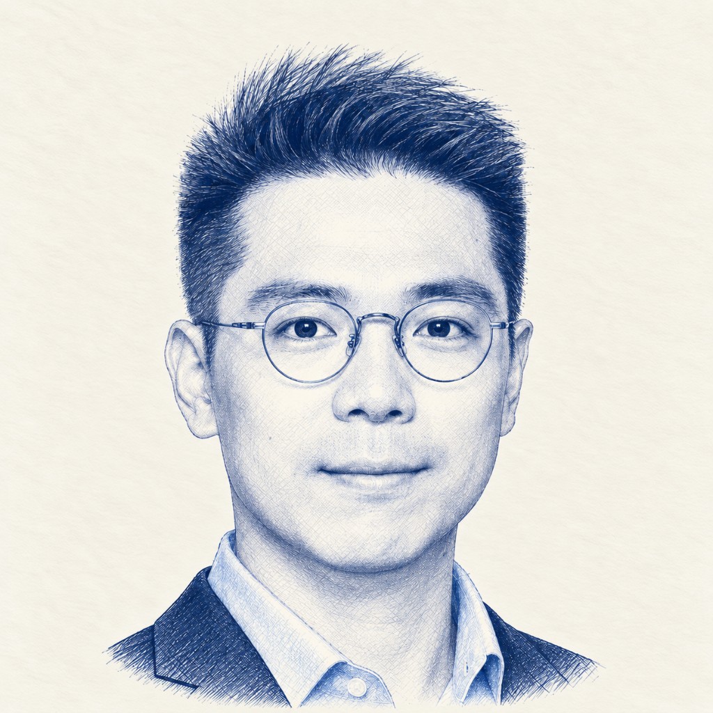 Portrait of Neo Zhang, drawn in blue pen.